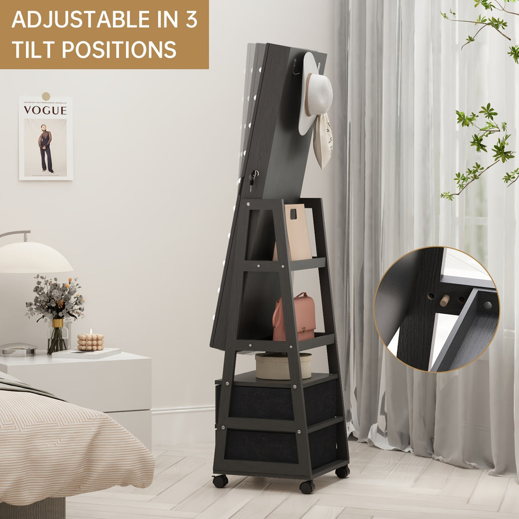 Jewelry Armoire Cabinet Organizer Standing with 20 LED Lights Lockable Full Length Mirror with Storage Shelves And 2 Drawers (White) Adjustable Tilt Angles Gift for Her, Jewelry Armoires