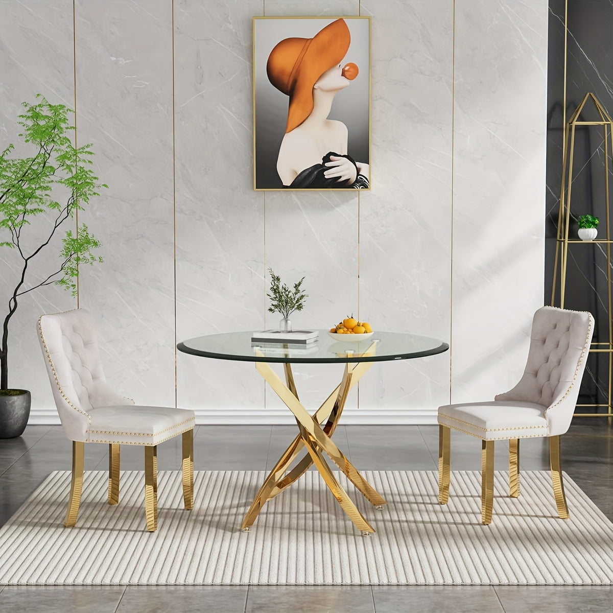 5/3/1pc Round Dining Table Set, Modern Tempered Glass Dining Table With Velvet Dining Chairs, 36" Kitchen Table With Stainless Steel Base For Living Room, Dining Room, Kitchen, Office, Lounge