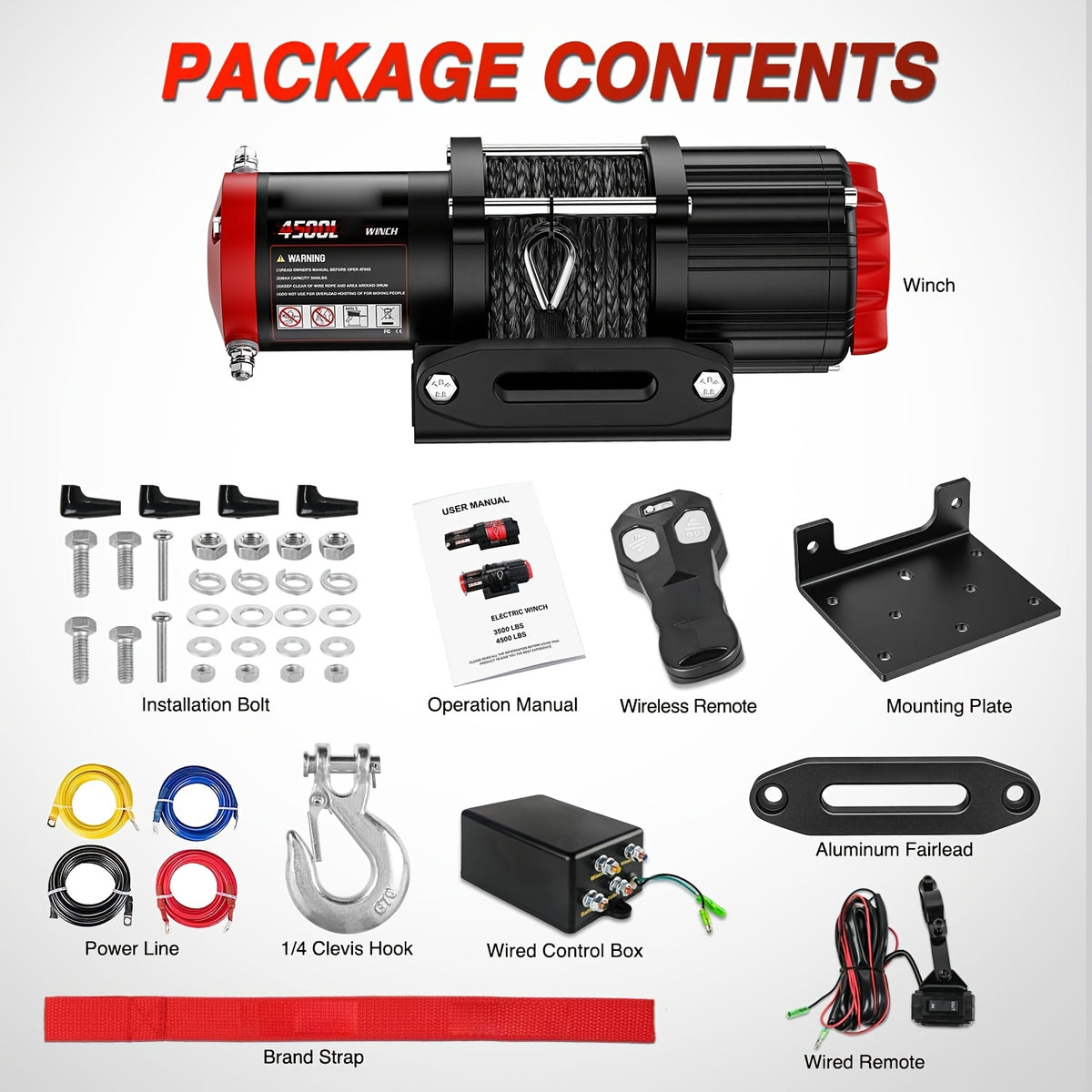 Electric Winch 3500Lb/4500Lb/12000Lb/13500Lb - Electric Truck Winch 12V with Red Synthetic Rope - Fairlead Wired Handle & Infrared Remote - Winch for Jeeps Road SUV Boat Towing Trailer 4WD 4X4 ATV UTV - ATV Winch Kit