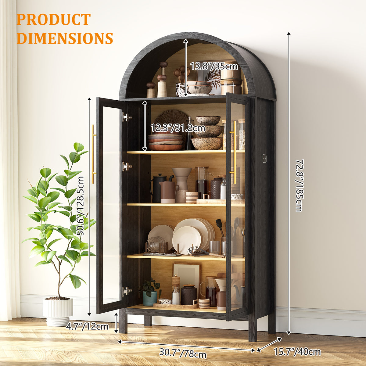 HWB Display Curio Cabinet with Glass Doors, Arched Bookcase 5-Tier Tall Storage Cabinet for Collectibles, Display Case with 3 Color Lights, Human Sensor Design, Black And Brown