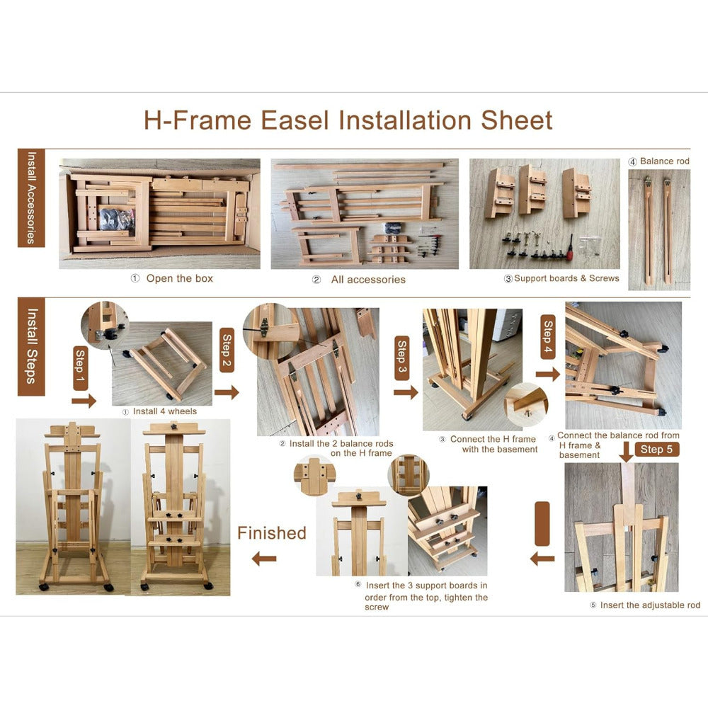 H Frame Easel Multi-Function Studio Easel Solid Beech Wood Easel Adjustable Painting Canvas Holder Stand Tilts Flat Artist Easel with Locking Caster Wheels