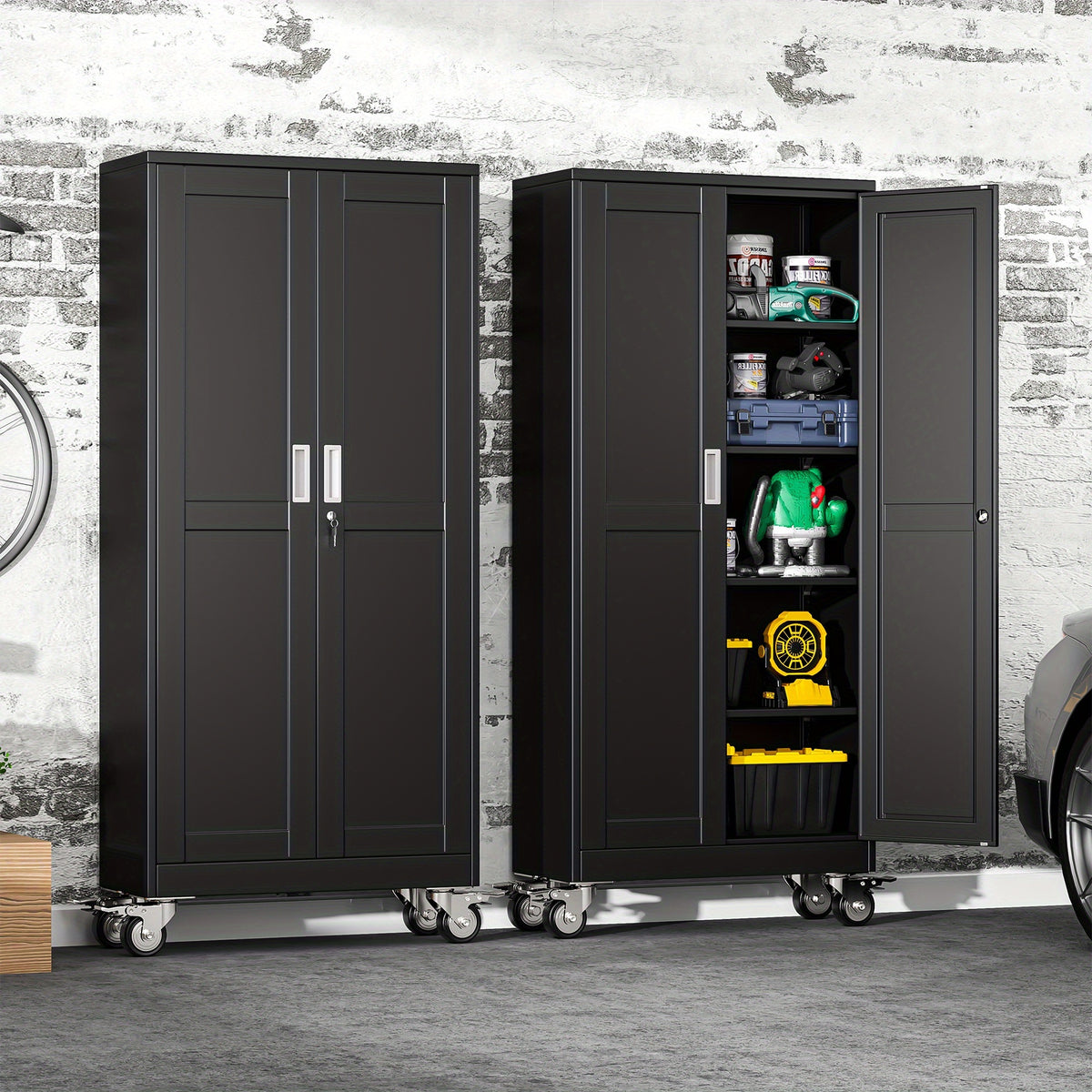 61/71/75 Inch High Wheeled Metal Storage Cabinet with 2 Doors And Adjustable Partitions, Metal Filing Cabinet, Suitable for Home Offices, Kitchens, Warehouses, And Garages