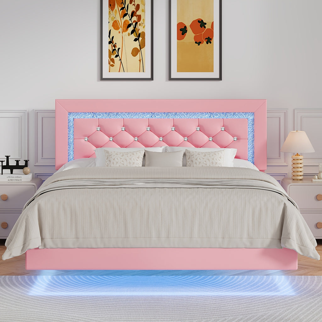 Twin Full Queen King Size Floating Black/White/Pink Bed Frame with LED Lights, Platform Bed with Diamond Tufted Headboard, Wood Bed Frame, Bed Frame Queen Size No Box Spring Needed, Noise Free, Easy Assembly, Black/White/Pink