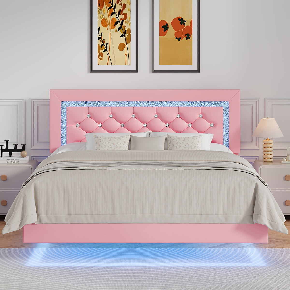 Twin Full Queen King Size Floating Black/White/Pink Bed Frame with LED Lights, Platform Bed with Diamond Tufted Headboard, Wood Bed Frame, Bed Frame Queen Size No Box Spring Needed, Noise Free, Easy Assembly, Black/White/Pink