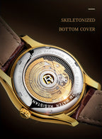 ROCOS Brand Luxury Golden Men's Watches High-end Business Simple Fashion Men's Watches Automatic Mechanical Watches Sun Pattern Brushed Dial Calfskin Strap Waterproof Men's Watches Week Calendar Display Gifts for Men
