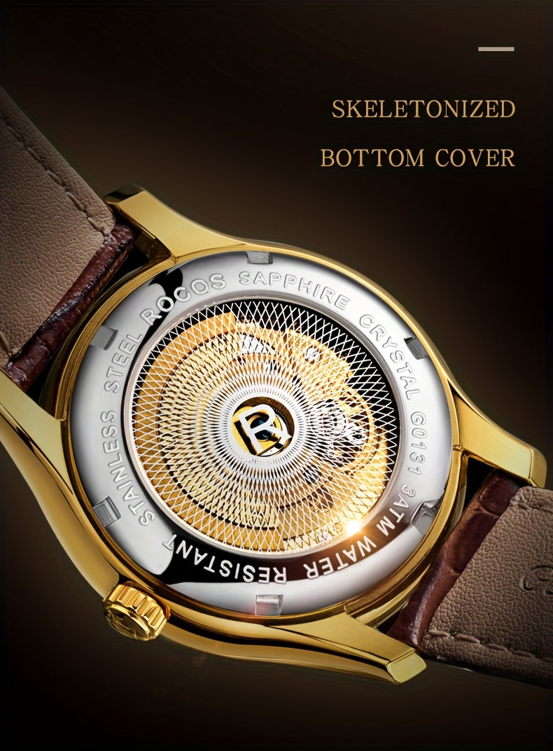 ROCOS Brand Luxury Golden Men's Watches High-end Business Simple Fashion Men's Watches Automatic Mechanical Watches Sun Pattern Brushed Dial Calfskin Strap Waterproof Men's Watches Week Calendar Display Gifts for Men