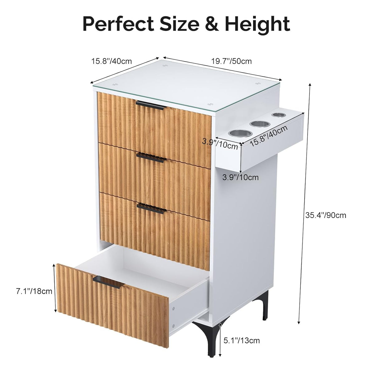 Salon Station, Barber Station for Hair Stylist, Storage Cabinet with Glass Top & Drawers & Heat Resistant Dryer Holders, Modern Retro Style for Beauty Salon, White/ Black