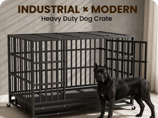 [With Wheels] 42 IN/48IN Heavy Duty Dog Crate Metal Dog Cage With Wheels And Escape-Proof Locks Double Doors Top Opening Large Dog Kennel Removable Tray Easy Assembly Chew-Proof For Big Dogs