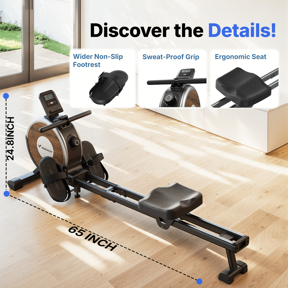 MERACH Home Rowing Machine with Magnetic Quiet Resistance, 16 Adjustable Levels, 350lbs Weight Capacity, Bluetooth App Sync, And Smooth Dual Rails