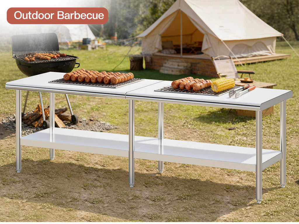 30×48–30×108 Inch Stainless Steel Commercial Work Table with Rounded Corners Adjustable Shelf And Feet for Kitchen Garage Gardening