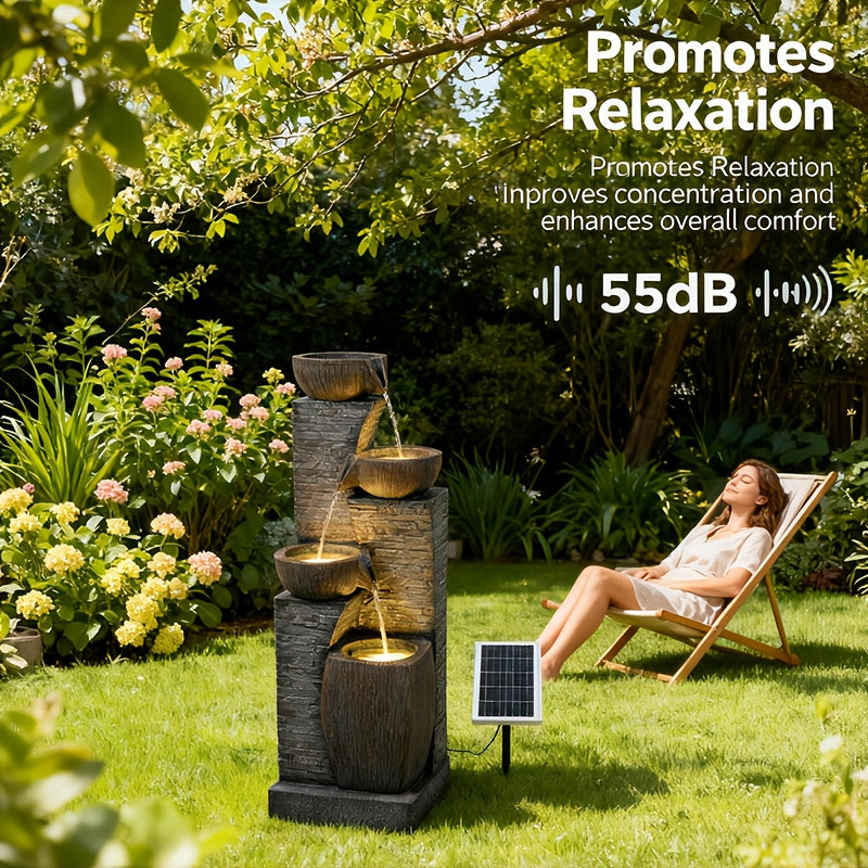 Solar Outdoor Water Fountain, 38.2-Inch 4-Tier Cascading Bowls and Stacked Stones with LED Lights