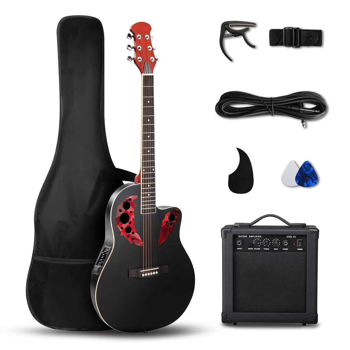 Acoustic-Electric Guitar — Bonnlo 41-Inch Cutaway Full-Size Starter Kit in Blue or Black, AMP Options