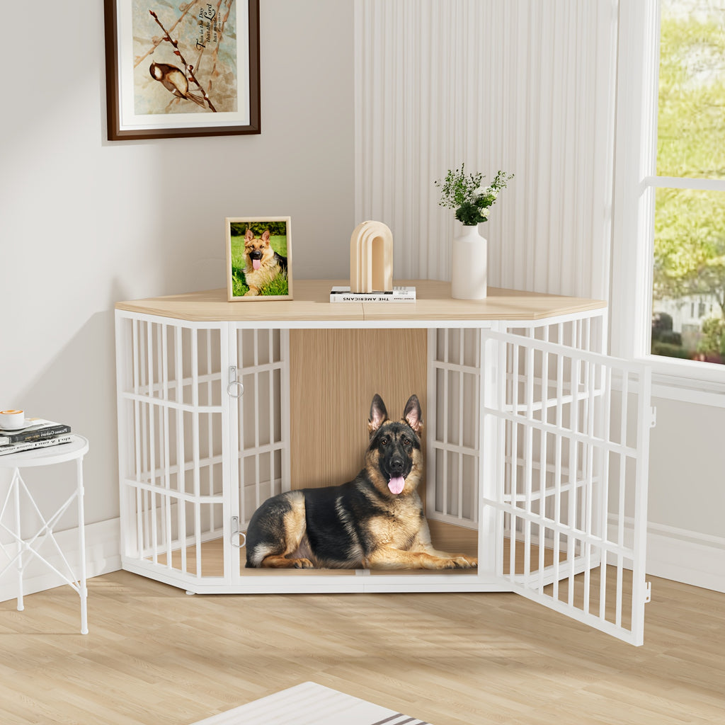 47"/52" Heavy Duty Corner Dog Crate Furniture - Rustic Brown Wooden Dog Cage with Double Sturdy Locks, Space-Saving Indoor Kennel & Side Table for Medium Dogs, Multi-Functional Pet House with Cushioned Floor & Decorative Top