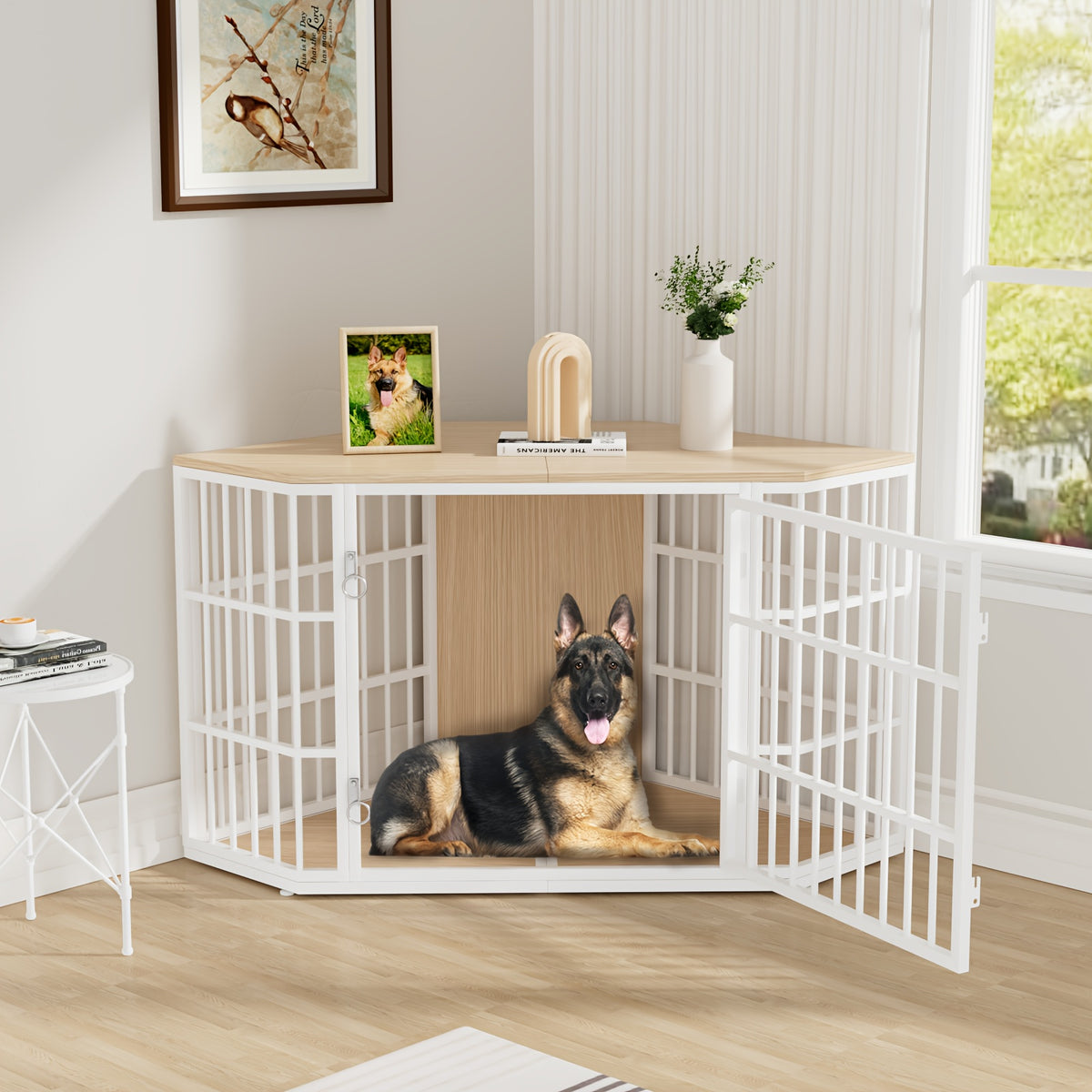 47"/52" Heavy Duty Corner Dog Crate Furniture - Rustic Brown Wooden Dog Cage with Double Sturdy Locks, Space-Saving Indoor Kennel & Side Table for Medium Dogs, Multi-Functional Pet House with Cushioned Floor & Decorative Top