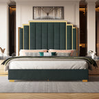 Velvet Upholstered Platform Bed Frame, Available in 61.4" Or 65" Sizes, Featuring a Gold-Trimmed Headboard And Wooden Slats, No Box Spring Required.