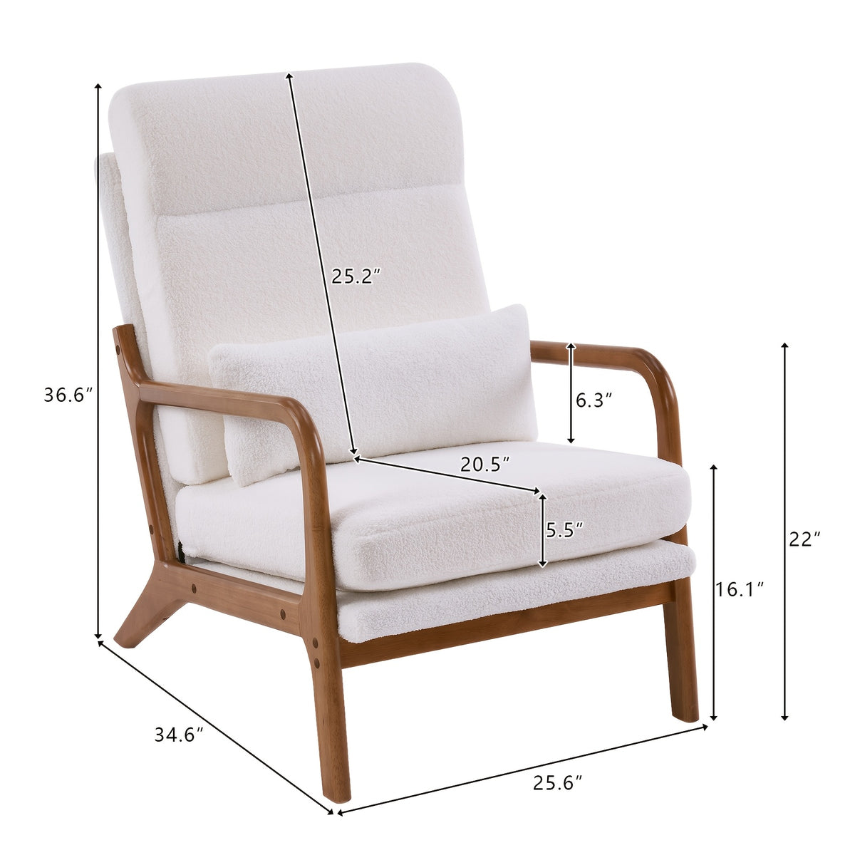 High Back Mid Century Modern Accent Chair, Soild Wood Padding Lounge Armchairs Side Sitting Chairs For Living Room, Bedroom