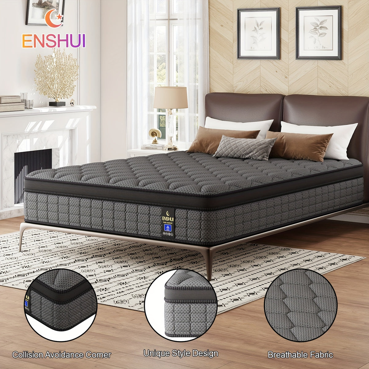 ENSHUI 12 Inch Hybrid Mattress - Twin/Full/Queen/King Size, Cooling & Pressure-Relieving Gel Memory Foam, Hypoallergenic, Medium Top, No Power Needed, White & Blue Mattress in Box, Bedroom Furniture, Sleek Bedroom Decor, Pocketed Coil Construction