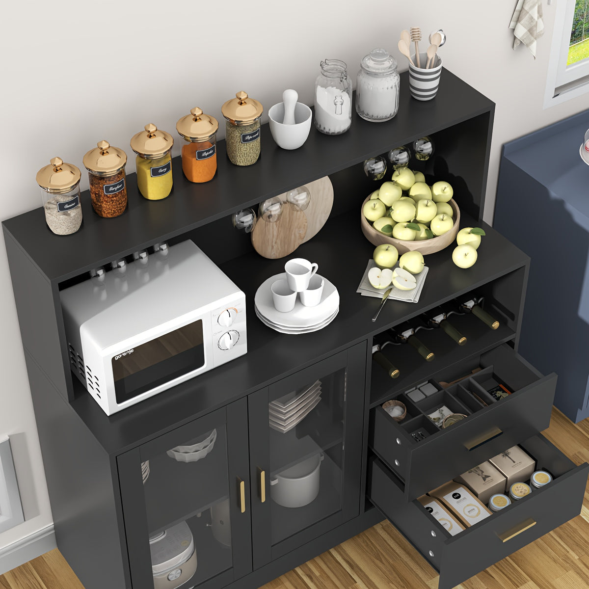 Storage Cabinet with Wine Rack, Buffet Cabinet with Glass Holders, Coffee Bar Cabinet, Home Bar Cabinet, Wine Bar Cabinet Kitchen Buffet Sideboard with Adjustable Storage Shelves, Freestanding Liquor Cabinet for Living Room, Dining Room