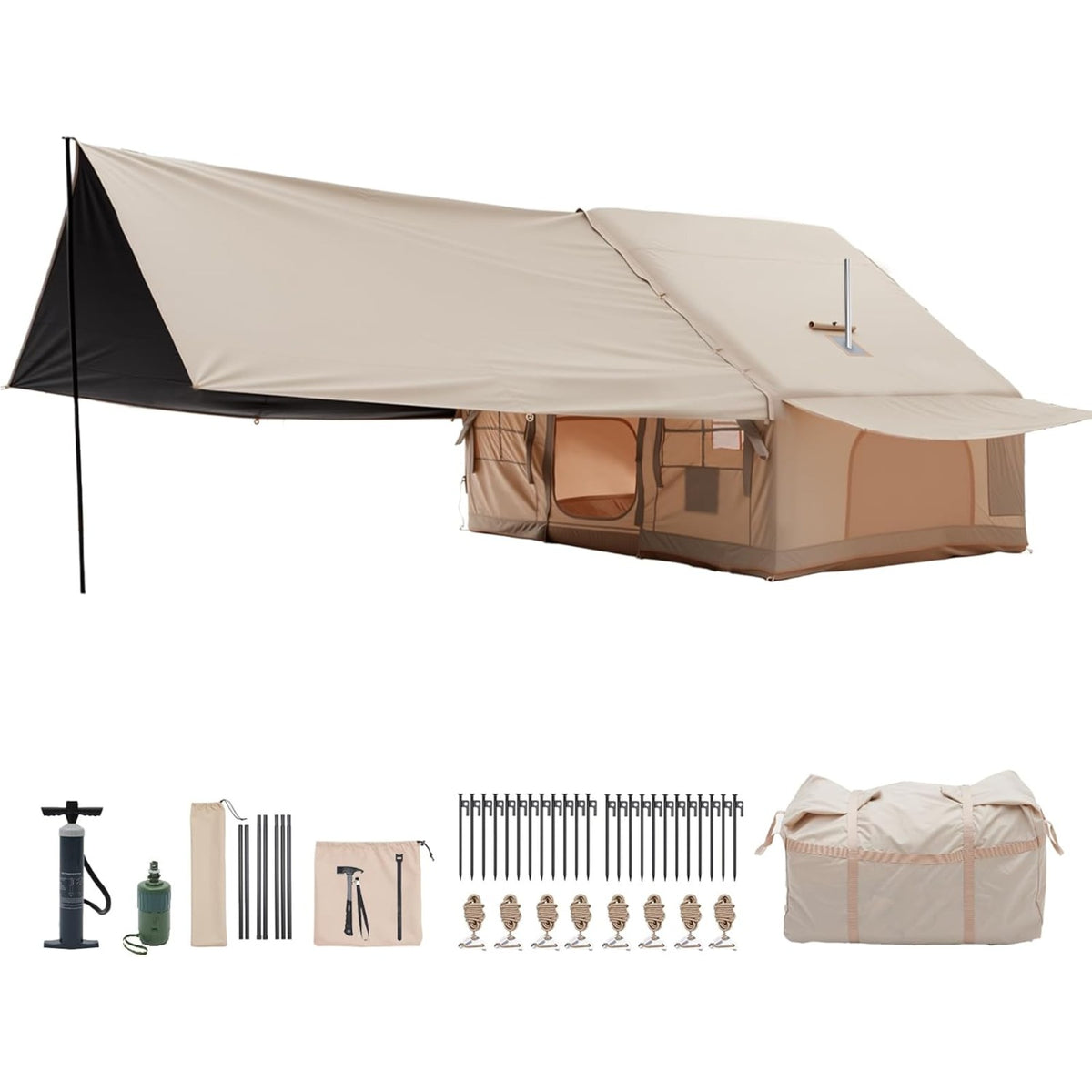 Inflatable Camping Tent, with Electric Air Pump, 4 Season Windproof, Clear Skylight & 420D Oxford, Air Tent with Mesh Windows/Doors
