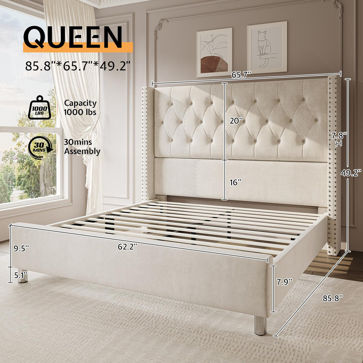 ALBOTT Upholstered Platform Bed Frame with 50 Inch Velvet Wingback Headboard, Button Tufted and Nailhead Trim, No Box Spring Needed, Easy Assembly