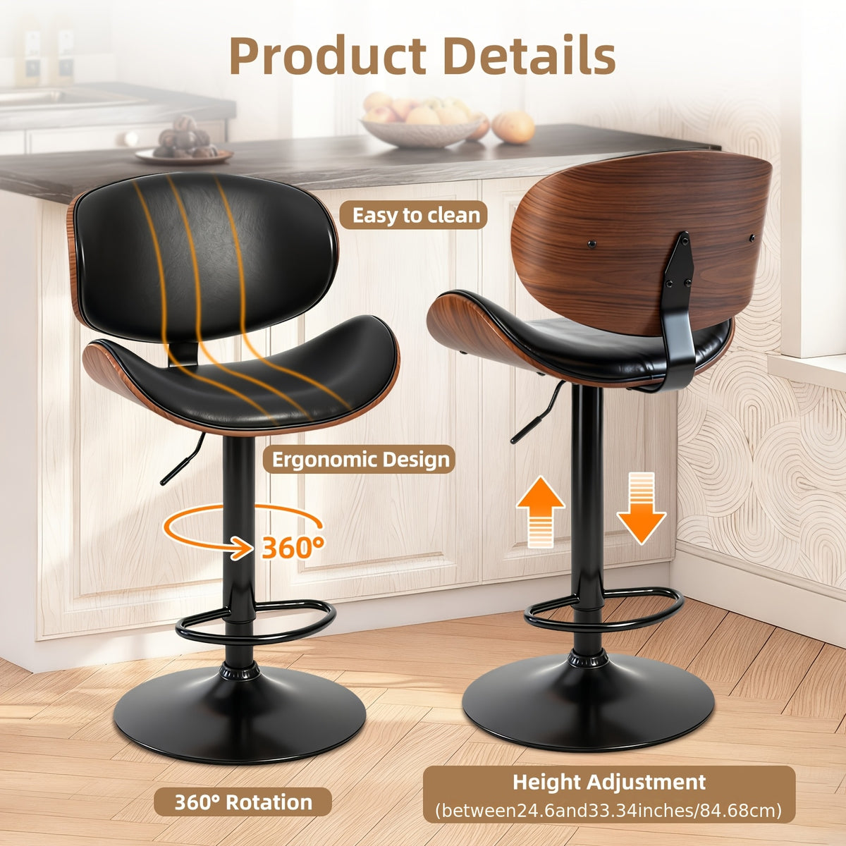 Comfort & Style: Set of 2/4/6 Swivel Bar Stools with Footrest. Features Adjustable Height, Soft PU Leather, And A Sleek Bentwood Frame for Any Space