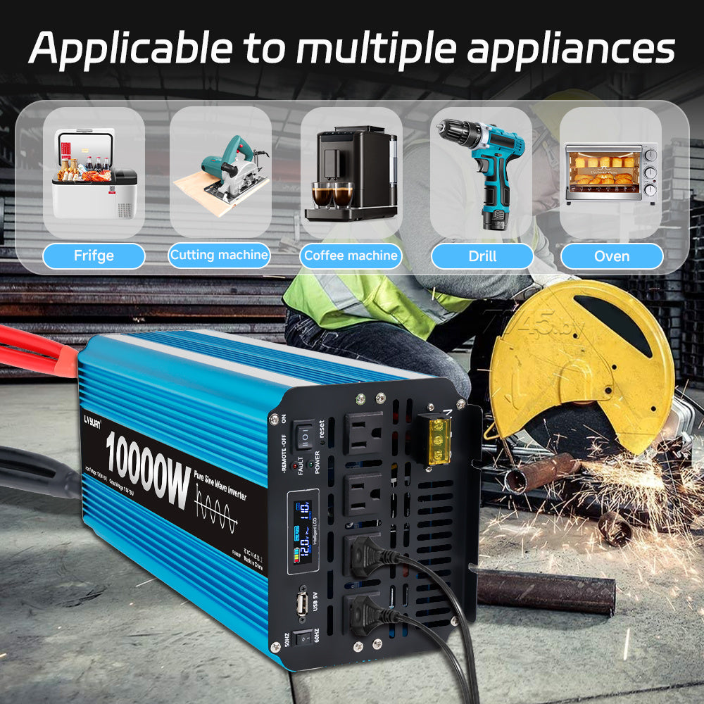 Pure Sine Wave Inverter 10000W (Peak)Car Power Inverter Efficient 12V DC To 110V 120V AC With LCD Display And Remote & Troubleshooting, 4 US Sockets For Vehicles Car Chargers For Home Solar System RV Vans, Without Battery