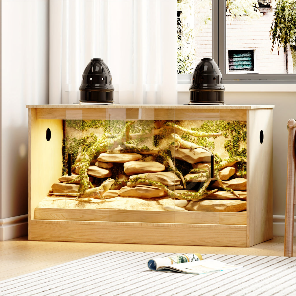 Large Reptile Enclosure with Sliding Glass Doors, Ventilated Terrarium Cabinet with Dual Air Vents, Easy Access Design, for Reptiles And Amphibians, Oak