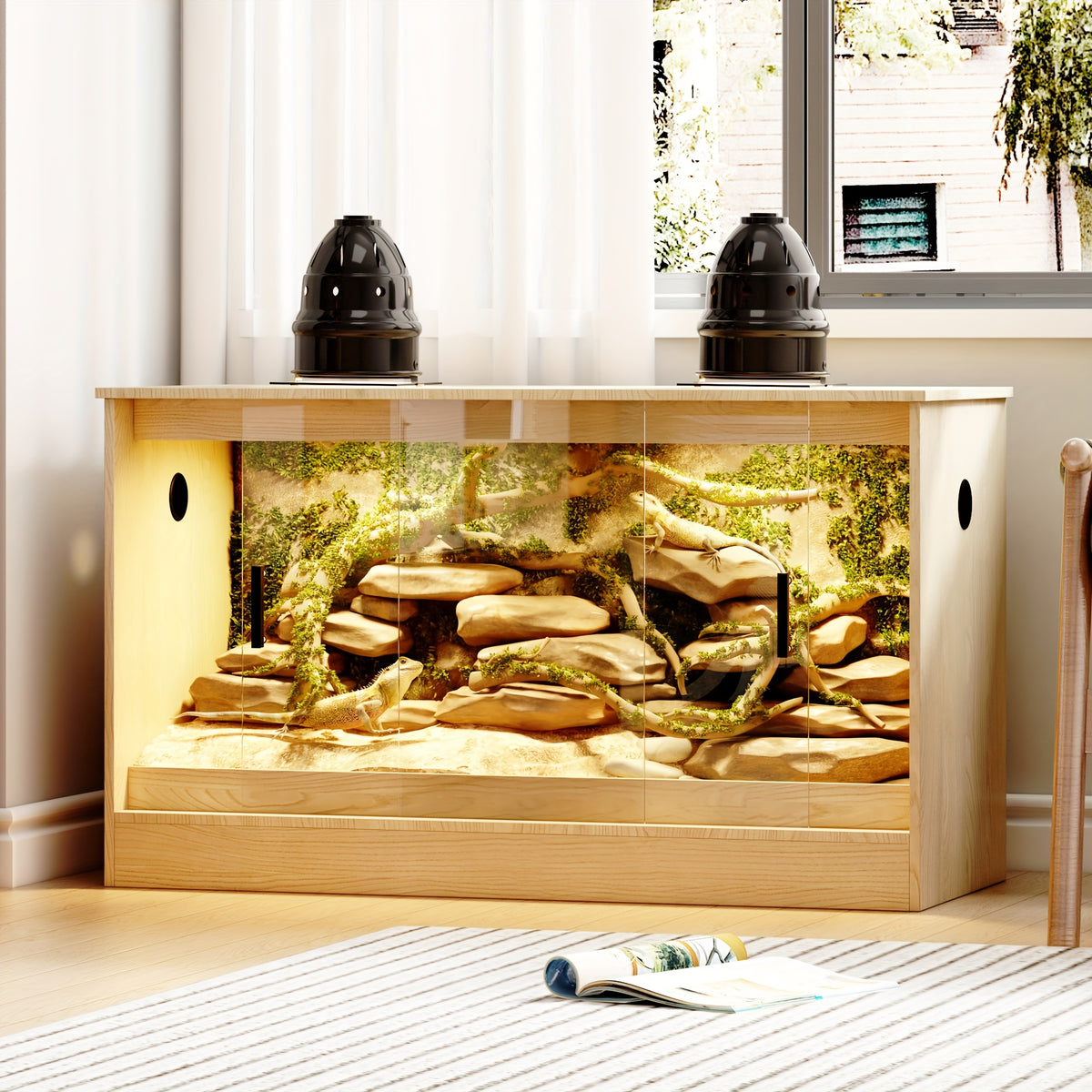 Large Reptile Enclosure with Sliding Glass Doors, Ventilated Terrarium Cabinet with Dual Air Vents, Easy Access Design, for Reptiles And Amphibians, Oak