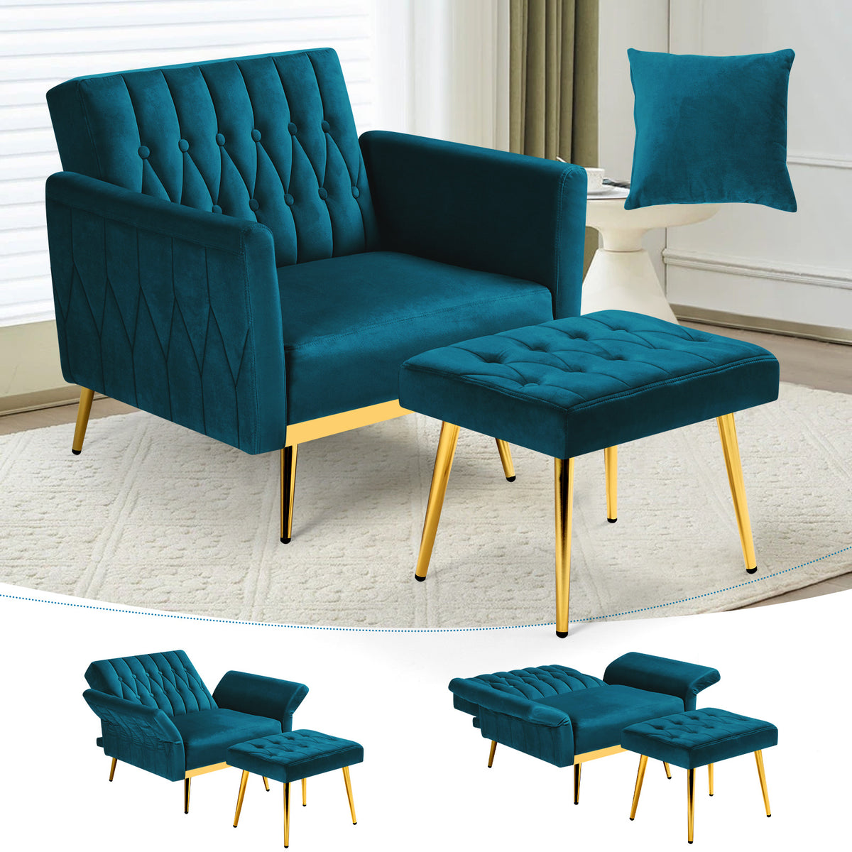 ACMEASE 31.5 Inch Velvet Adjustable Accent Chair with Ottoman & Pillow, Tufted Single Sofa Chair with Golden Metal Legs for Living Room