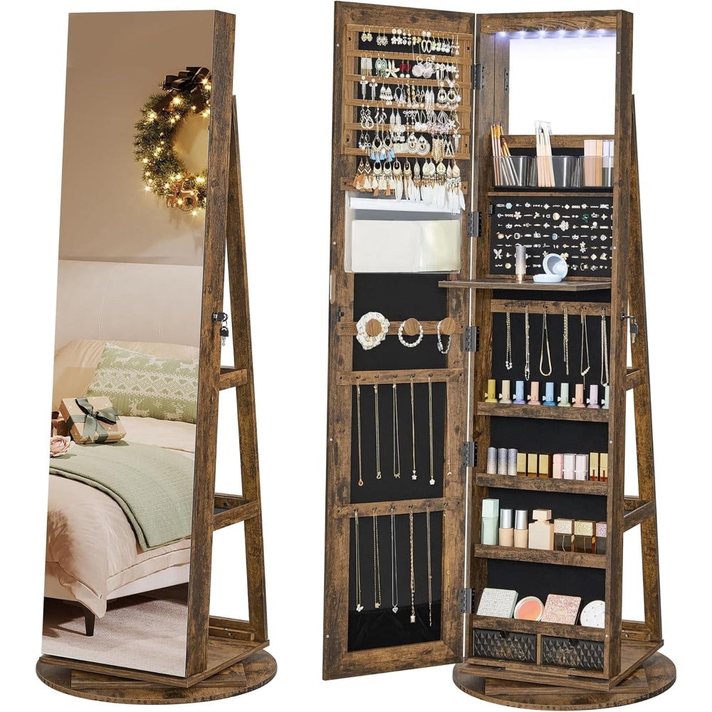 6 LED Jewelry Cabinet with Frameless Full-Length Mirror, 360° Swivel Lockable Organizer Standing Armoire, 3 Storage Shelves, Jewelry Armoires