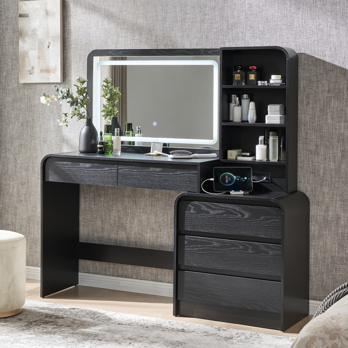Makeup Vanity Desk with 5 Drawers, Vanity Table with Touch Screen LED Mirror & Charging Station for Bedroom, Adjustable Shelf, Curved Profile Design