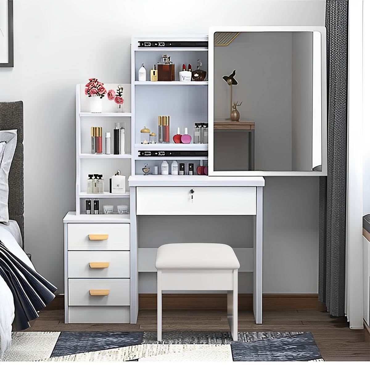 Vanity Desk with Sliding Lighted Mirror, Small Dressing Table Set with 3 Color Adjustable Lights Makeup Mirror Desk with 4 Drawers Shelves Girls Vanity Set with Stool for Bedroom Gifts