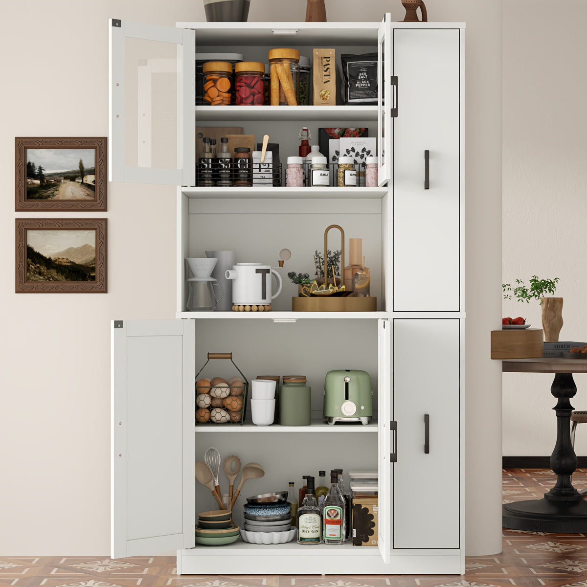 Kitchen Pantry Cabinet with Drawer, Kitchen Pantry Storage Cabinet with Glass Door, Freestanding Tall Food Hutch with Microwave Stand for Dining Room