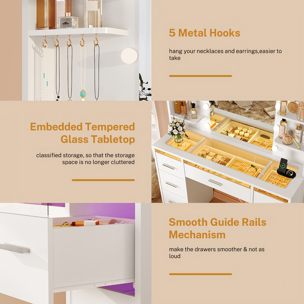 Makeup Vanity Table with LED Lighted Mirror, Power Outlet, 7 Drawers, 4 Shelves, 5 Jewelry Hooks