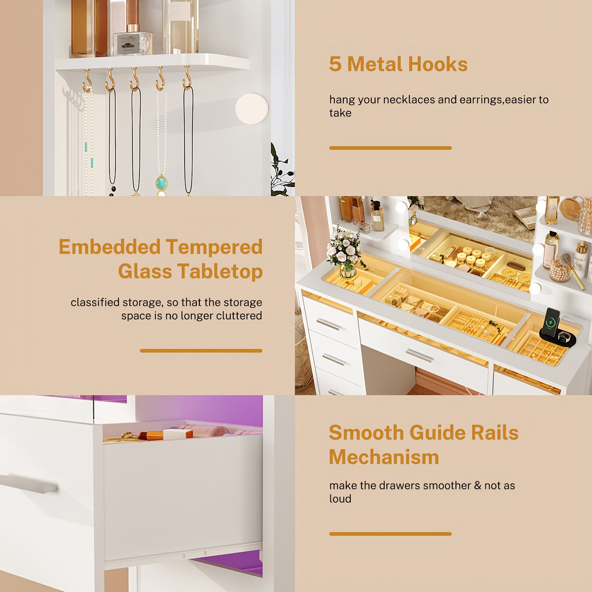 Makeup Vanity Table with LED Lighted Mirror, Power Outlet, 7 Drawers, 4 Shelves, 5 Jewelry Hooks