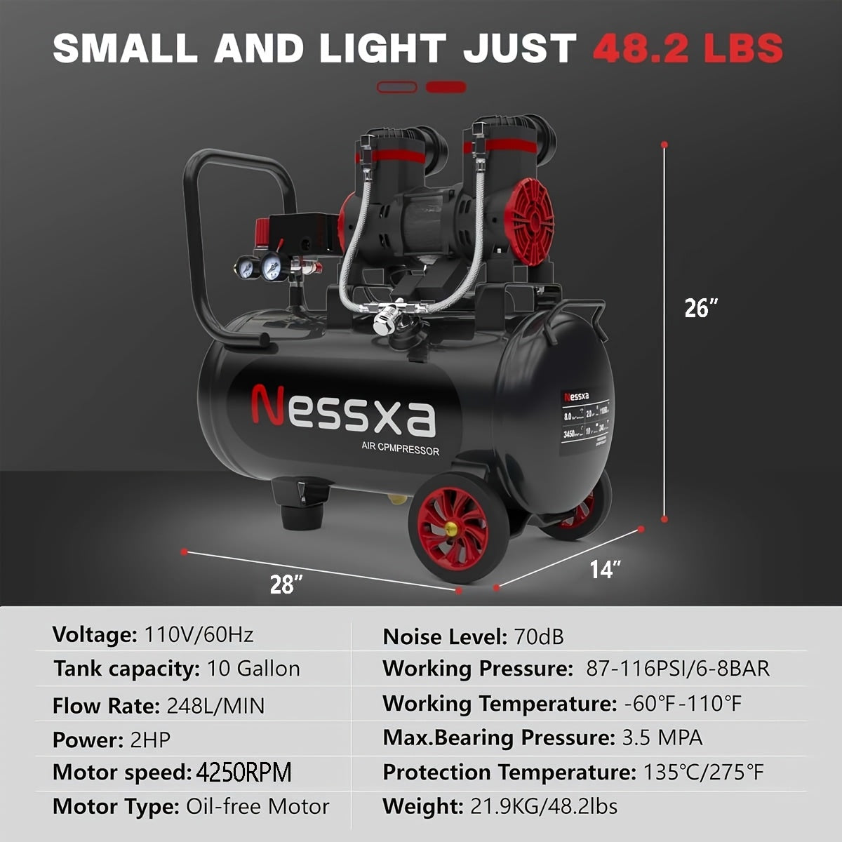 8/10/14 Gallon Ultra Quiet Air Compressor, 116PSI Oil-Free Air Compressor Tank, 110V/60Hz, 70dB Air Compressor for Car Repair, Spray Painting, Woodwork Nailing