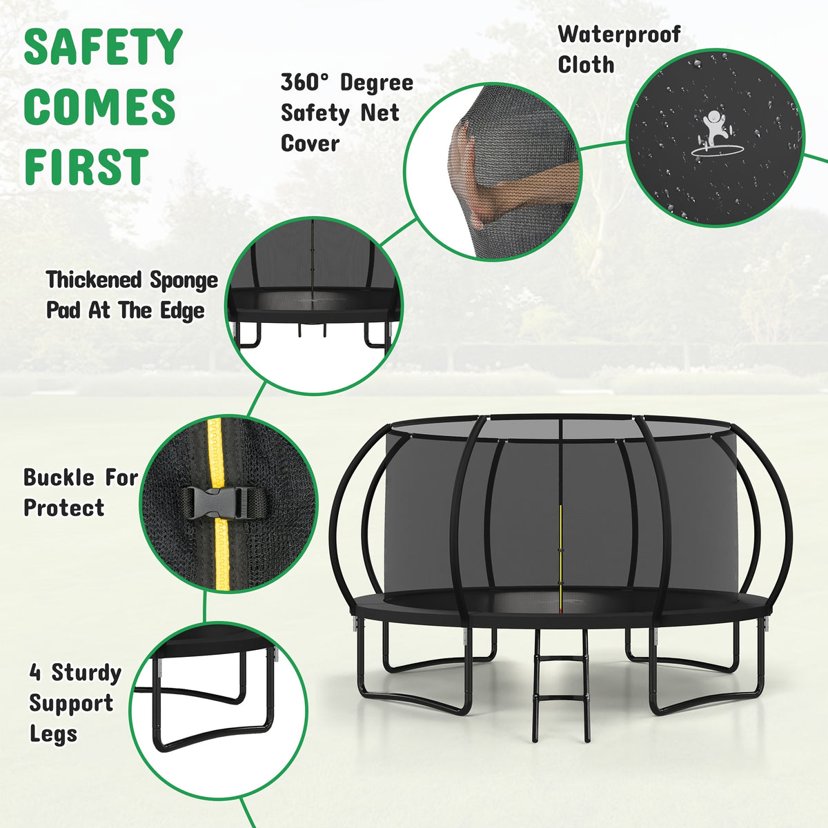Polar Aurora Outdoor Trampoline, 10FT 12FT 14FT 16FT Recreational Trampoline for Adults, Trampoline with Safety Enclosure Net, Wide Ladder And Anti-Rust Coated Frame