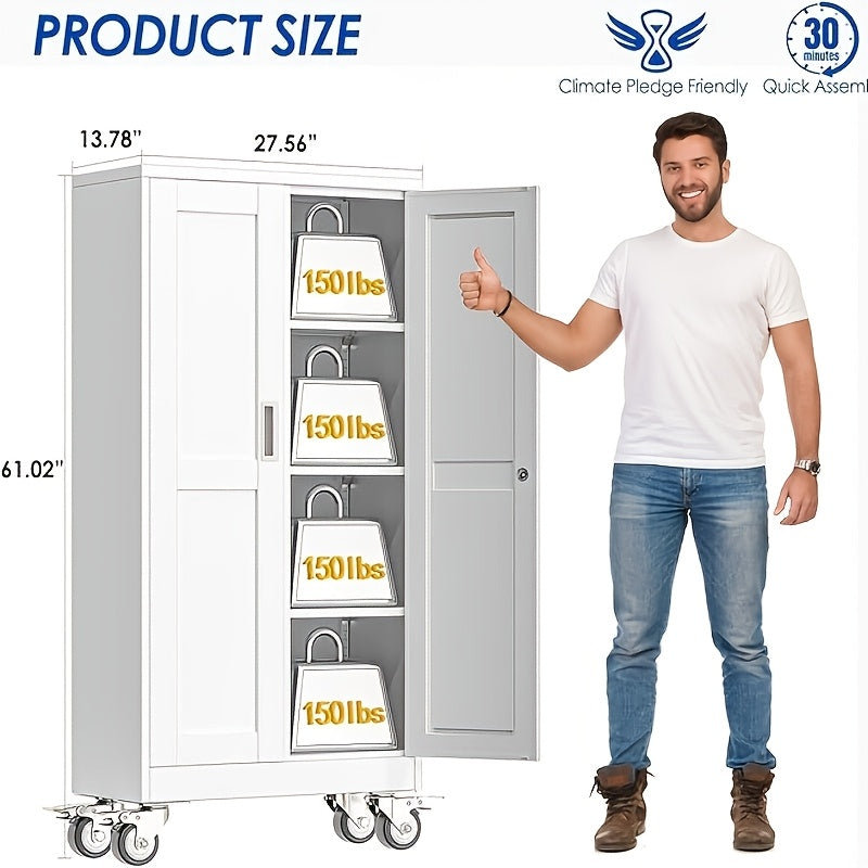 61/71/75 Inch High Wheeled Metal Storage Cabinet with 2 Doors And Adjustable Partitions, Metal Filing Cabinet, Suitable for Home Offices, Kitchens, Warehouses, And Garages