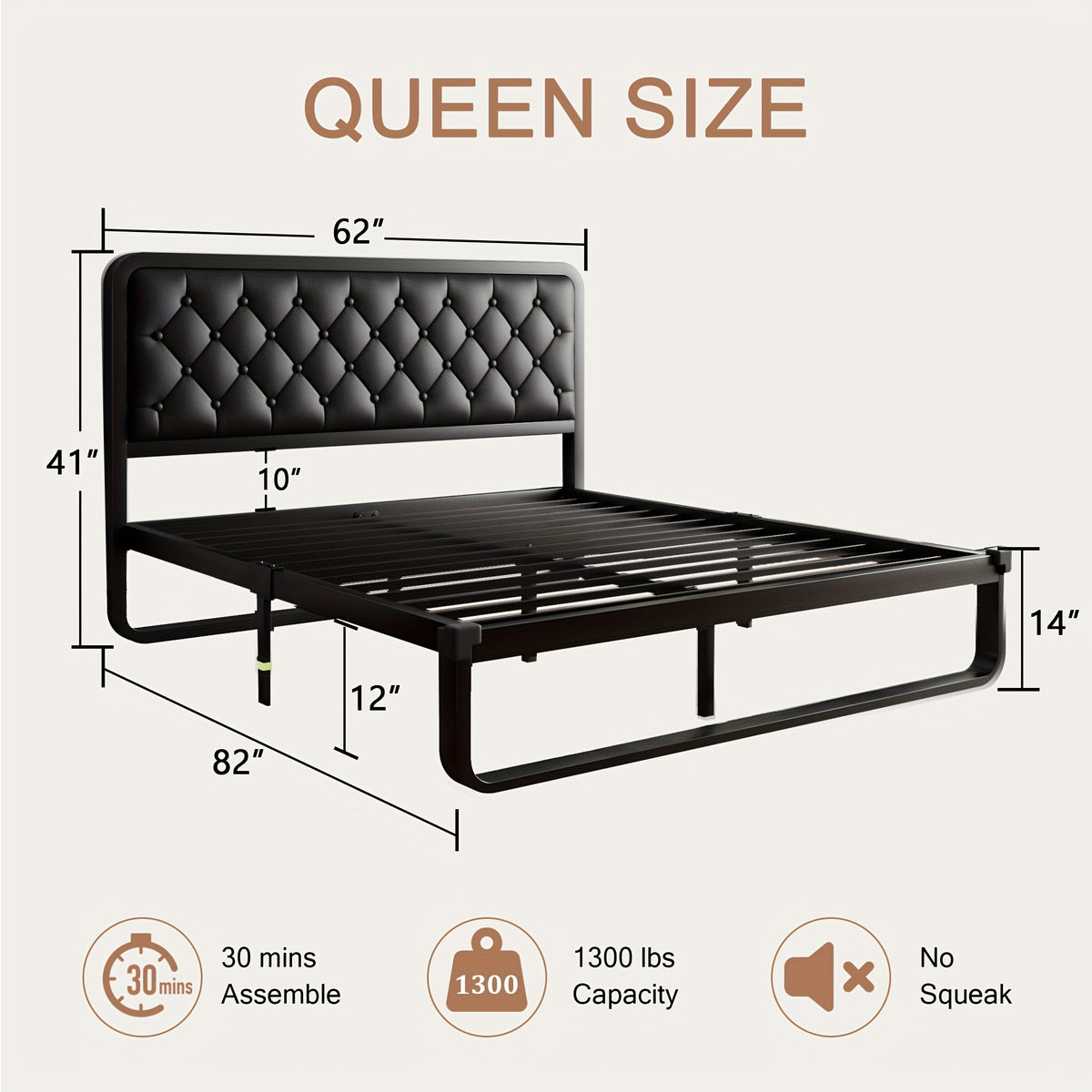 Sturdy Platform Bed Frame Featuring a Button-Tufted Headboard in Black Faux Leather Or Dark Grey Linen, Offering 12 Inches of Storage Space