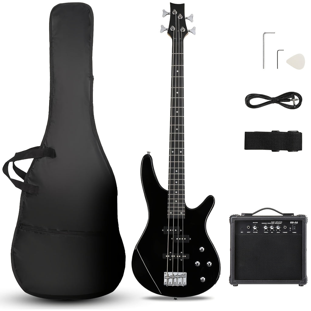 Electric Bass Guitar 4 String Bass Guitar with 20 Watt Amplifier, PJ Type Pickup, Naturally Air-dried Maple Neck, Rosewood Fretboard, Basswood Body