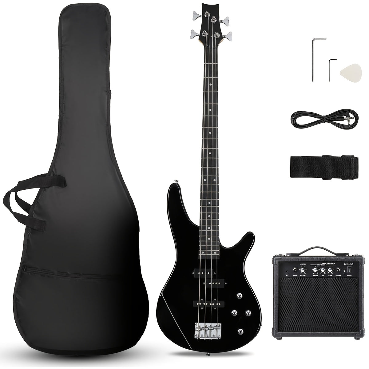Electric Bass Guitar 4 String Bass Guitar with 20 Watt Amplifier, PJ Type Pickup, Naturally Air-dried Maple Neck, Rosewood Fretboard, Basswood Body