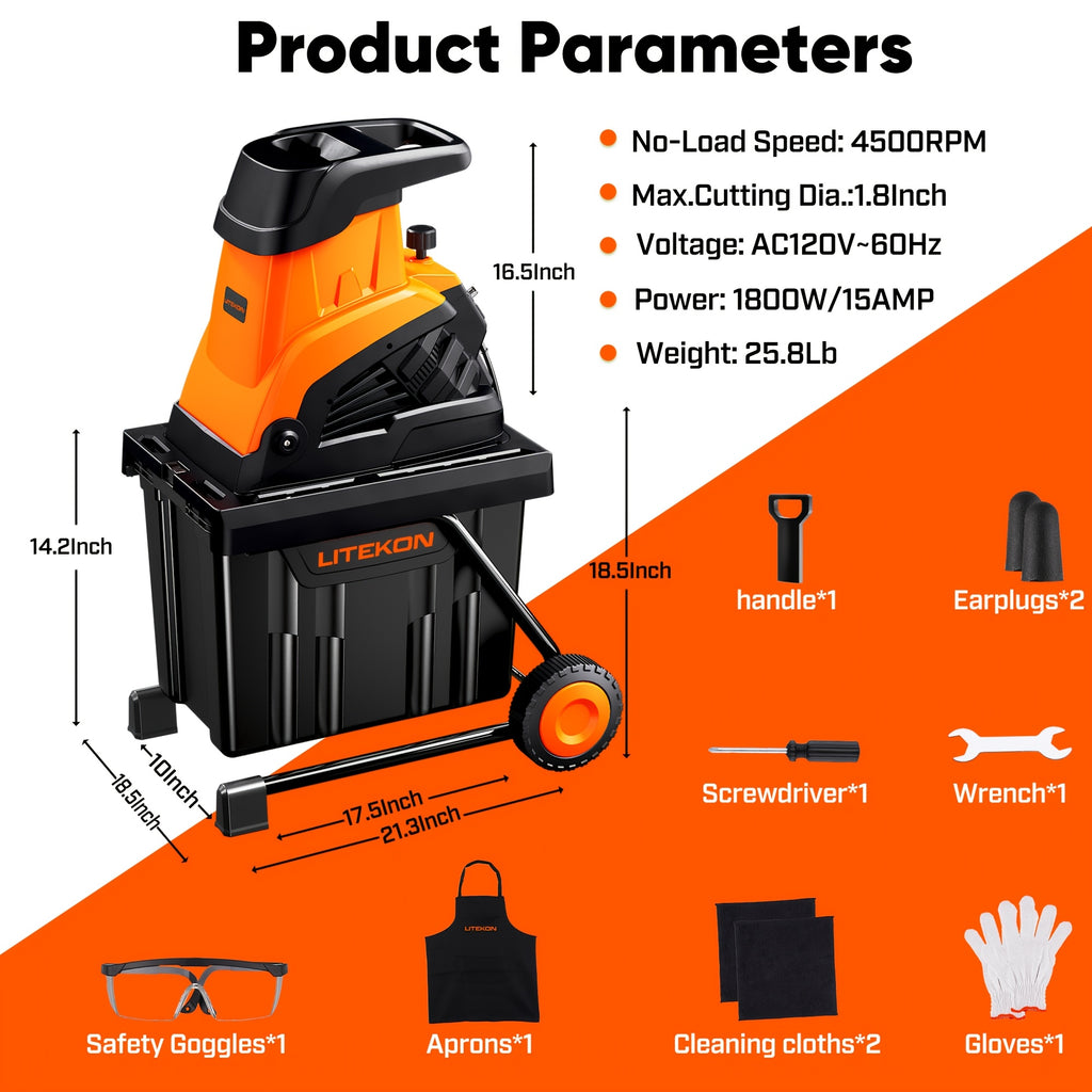 Wood Chipper Shredder, 1.8 Inch Cutting Diameter Heavy Duty Garden Corded Electric Chipper, 15-AMP Electric Wood Chipper Machine, Equipped with 10 Gallon Collecting Bin for Mulching, Garden, Orchard, Courtyard, Farm
