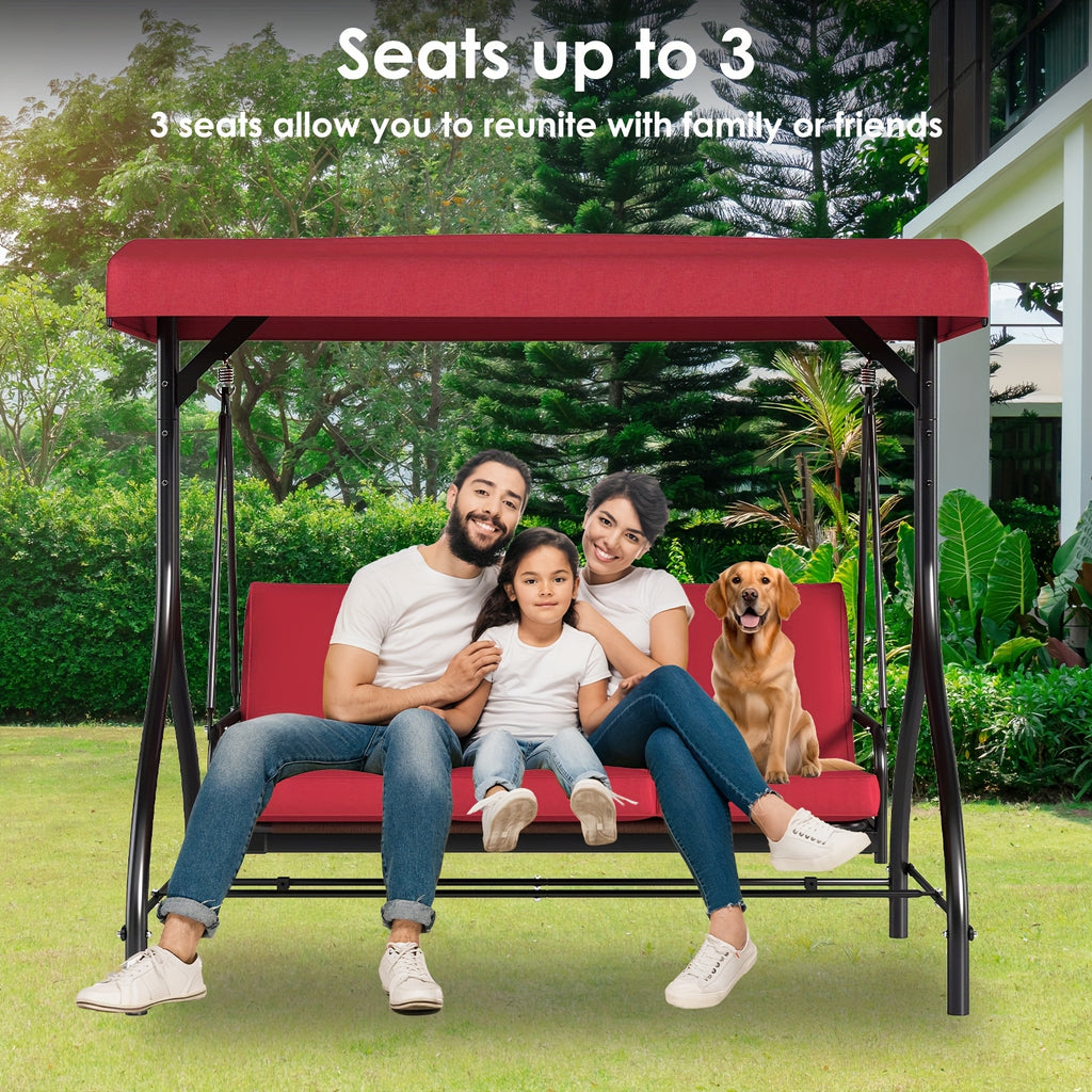 3 Person Patio Porch Swing Outdoor Converting Swing Glider Hammock with Adjustable Canopy, Cushions for Outside Backyard, Garden(Pillow Not Included)