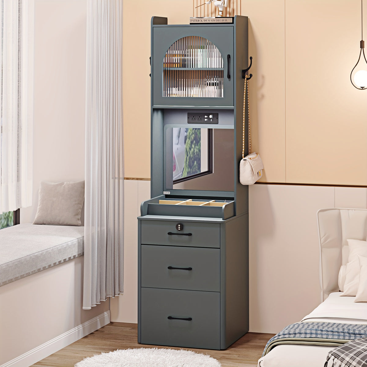 Dystler Small Vanity Desk with Mirror And Lights, Makeup Vanity Table with Drawers for Small Space, Compact Mini Corner Vanity Set Dressing Table - Charging Station & Human Motion Sensing for Bedroom9 (Grey)