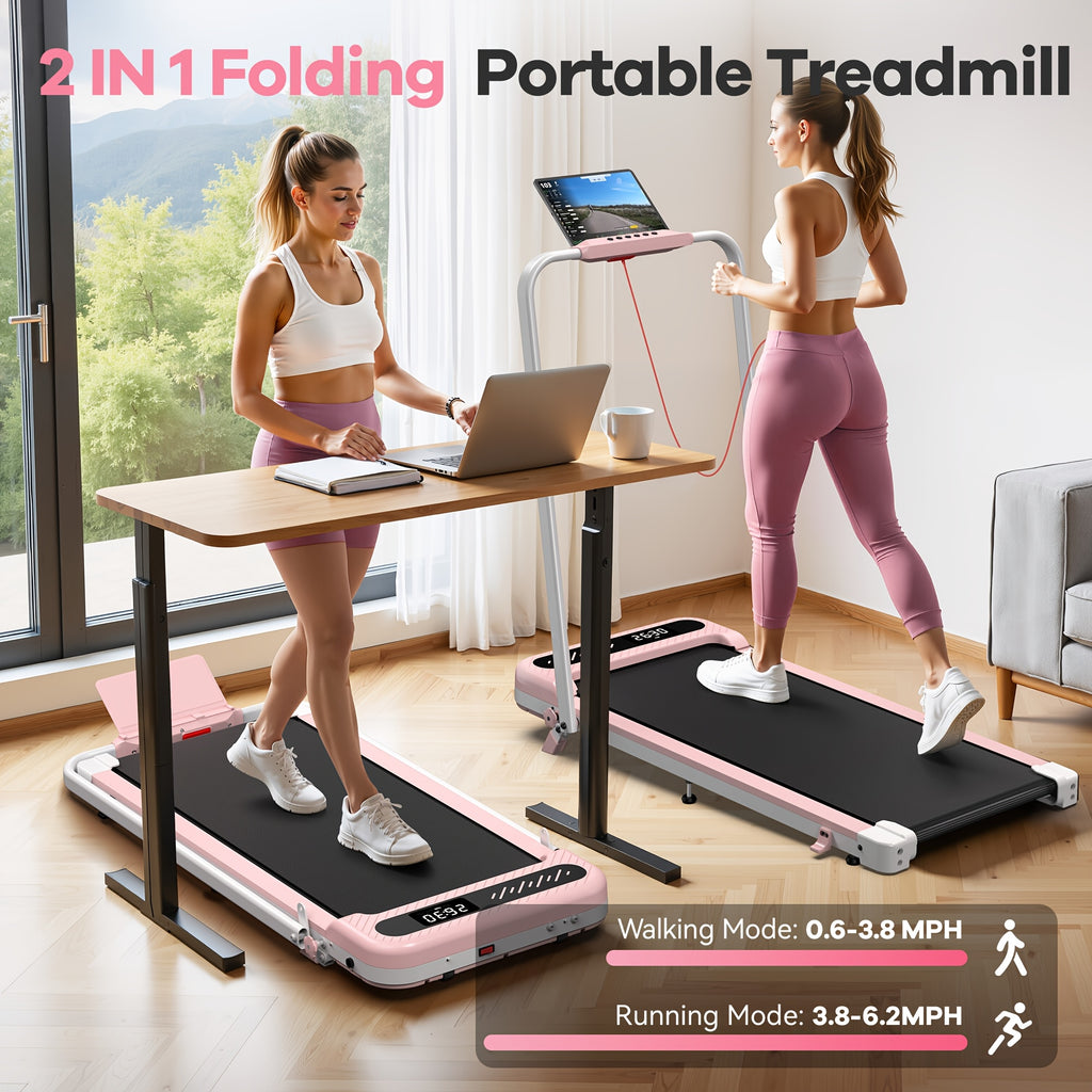 Folding Treadmill With 10% Incline, 4 In 1 Treadmills For Home & Office, Portable Compact Treadmills, 3.0 HP Under Desk Treadmill, Remote Control, LED Display, No Assembly, Without Battery