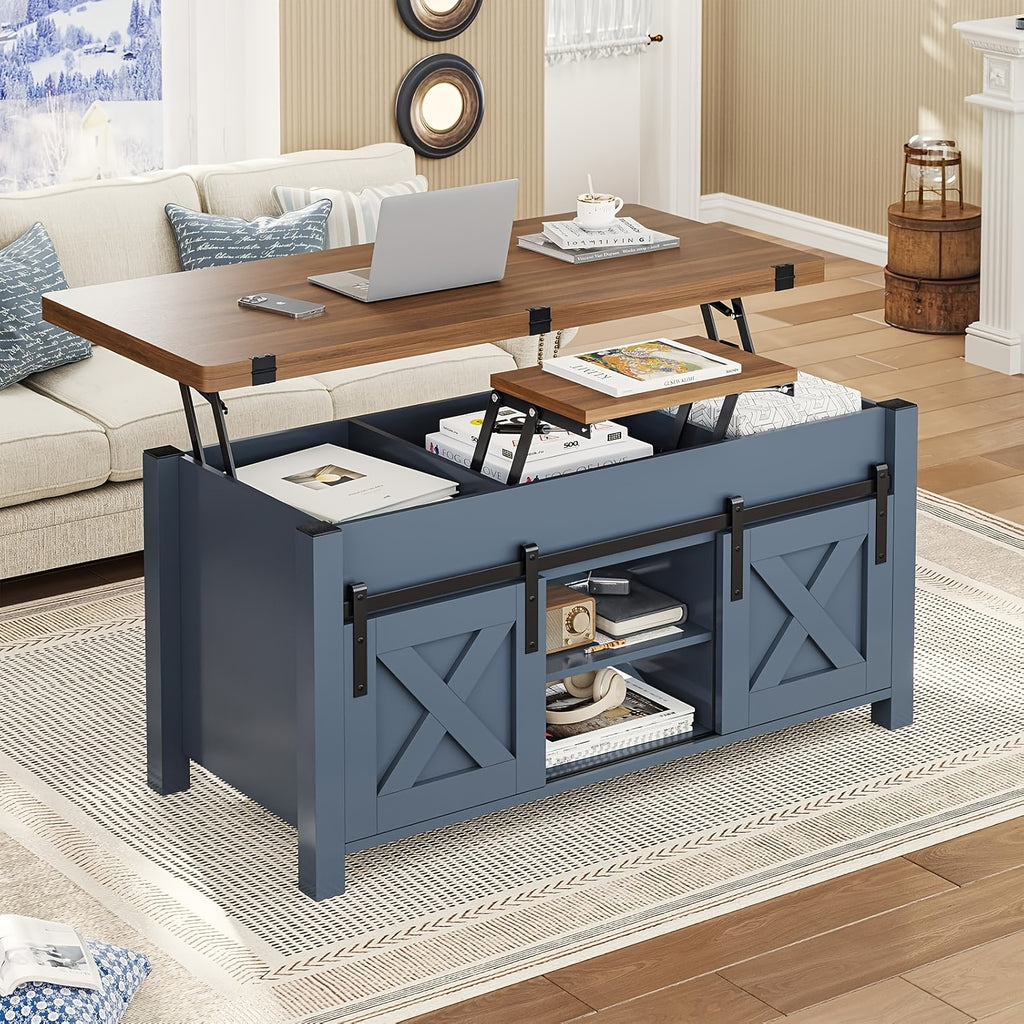 Farmhouse Lift Top Coffee Table with Hidden Compartments And Open Shelves, Center Table with Sliding Barn Door for Living Room Home Office, Light Oak Gray