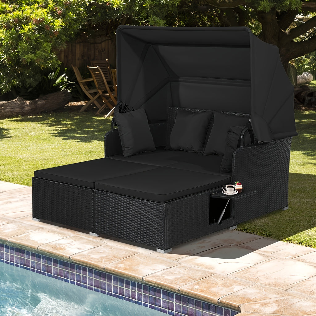 COSTWAY 2-Person Outdoor Daybed, Patio Double Chaise Lounger with Retractable Canopy And Side Tables, Wicker Sunbed with Cushions And Throw Pillows for Poolside Backyard Garden