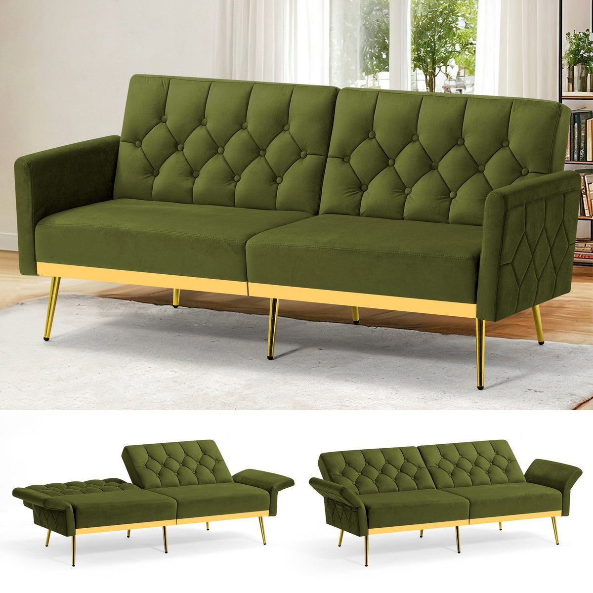 ACMEASE Velvet Sofa Bed Featuring Adjustable Armrests And Backrests, a Contemporary Recliner Sleeper Couch with a Tufted Design, a Convertible Loveseat Sofa with Golden Legs Suitable for The Living Room, Bedroom, Or Studio