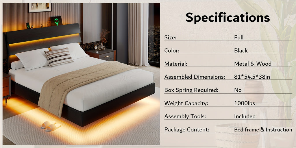 Valnase Floating Bed Frame with LED Lights & Charging Station, Platform Bed with Wooden Storage Headboard, Steel Slats Support, Easy Assembly