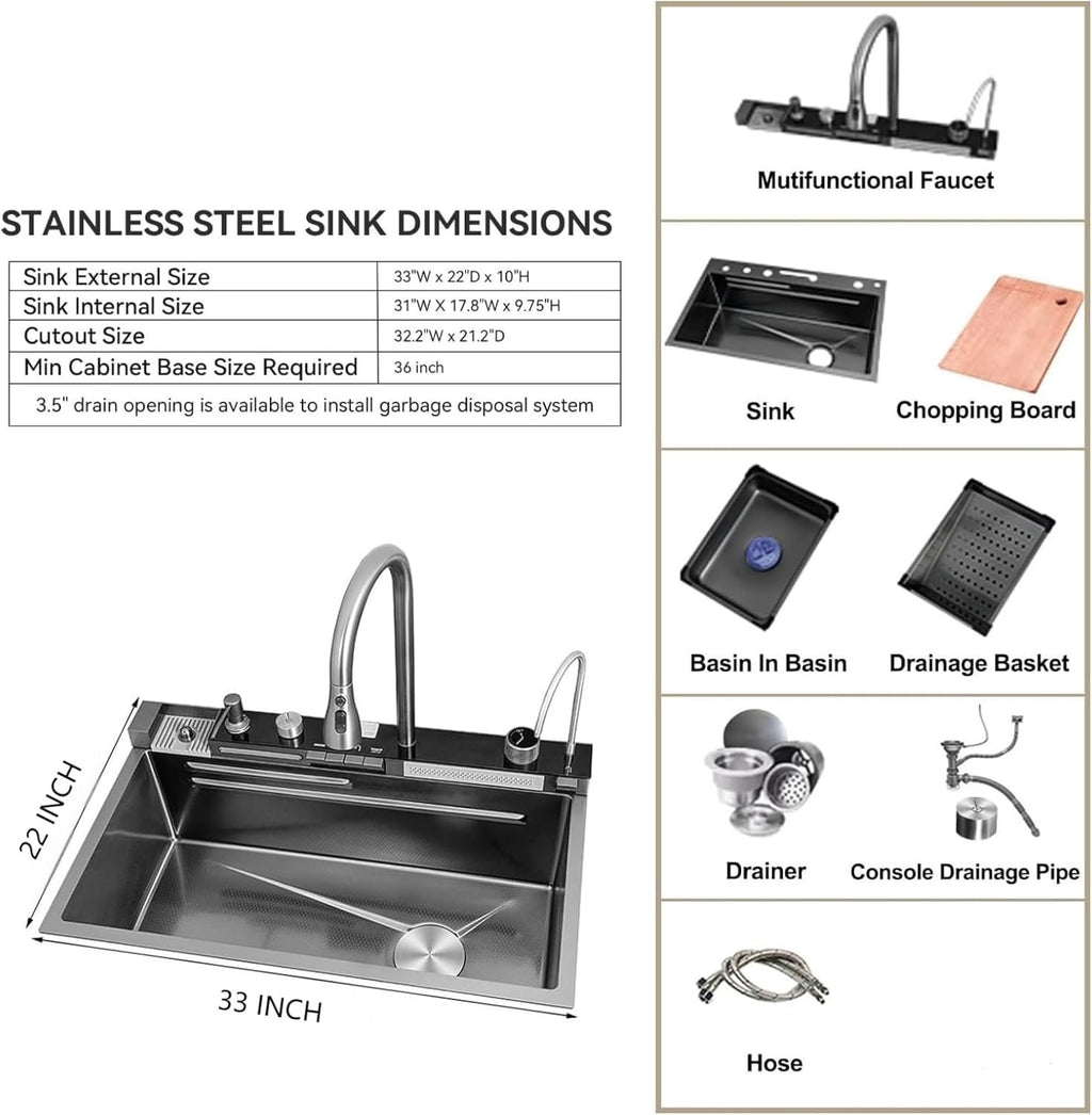 BRONCHO 33X22 INCH Two Waterfalls Nano Kitchen Sink, Stainless Steel Smart Kitchen Sinks, Multifunctional Workstation Kitchen Sink with Digital Display Pull-Out Faucet and Accessories